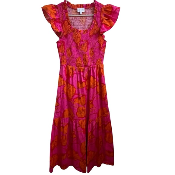 Sugarlips Passion Punch Giza Glare Smock Tiered Fuscia Floral Midi Dress SZ XS - Picture 2 of 16